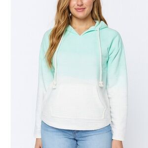 Story pulllover lightweight hoodie ombre teal/white rope string kangaroo pocket